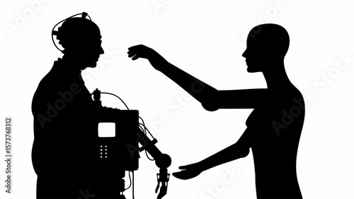 Silhouette of a man with robotic equipment facing a mannequin with outstretched arms in a white space