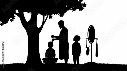 Silhouette of a person braiding hair of a child under a tree with another child and mirror nearby
