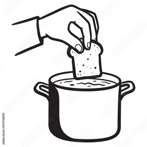 Hand dipping bread into a pot of soup black and white illustration about cooking and food