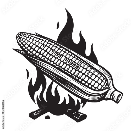 Grilled corn on the cob with flames in a black and white vintage illustration
