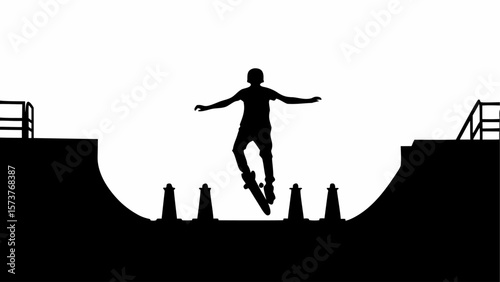 Silhouette of skateboarder performing a trick at a skatepark with ramps and obstacles in black and white