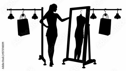 Silhouette of woman looking at dress in mirror with shopping bags and rack in black and white style