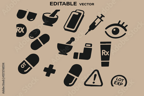 Collection of black medical and pharmaceutical icons including pills syringe eye mortar and pestle and rx symbol