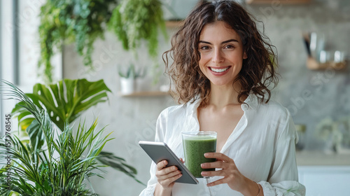 Portrait of a smiling businesswoman in a modern office, holding a digital tablet in one hand and drinking hot matcha with the other. 