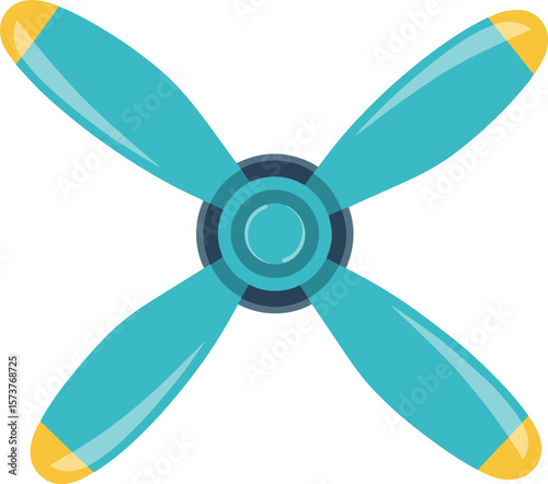 Four-Bladed Airplane Propeller with Yellow Tips and Blue Center Hub