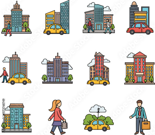 Set of Cartoon Cityscape Elements Featuring Buildings, Cars, and People
