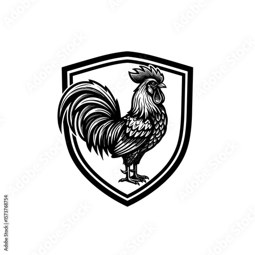 Black-and-white illustration of a proud rooster inside an ornate shield, symbolizing boldness and tradition.