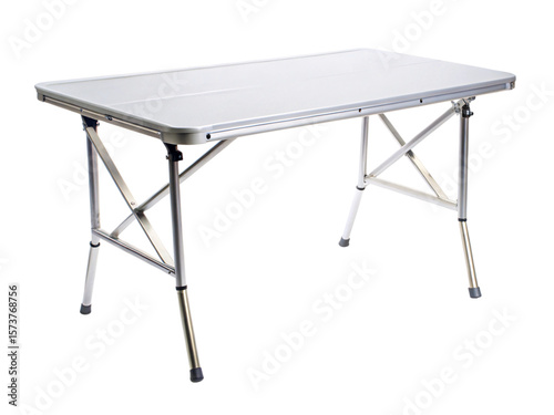 Photo of a portable folding metal table with a silver surface isolated on transparent background