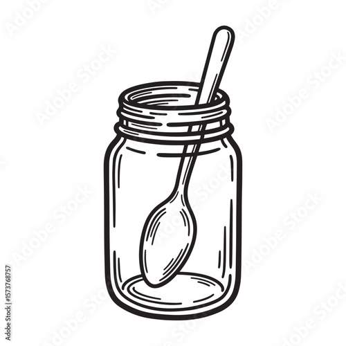 Hand drawn illustration of a mason jar and spoon with a minimalistic outline style