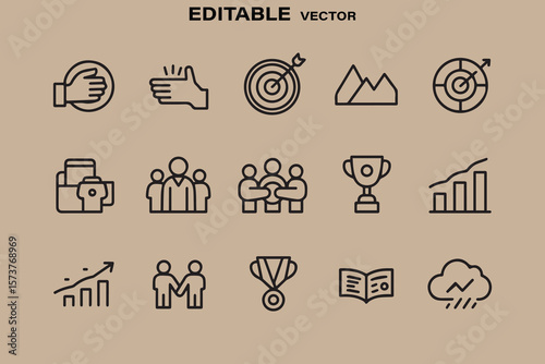 Collection of business and finance icons representing success teamwork goals achievements and growth