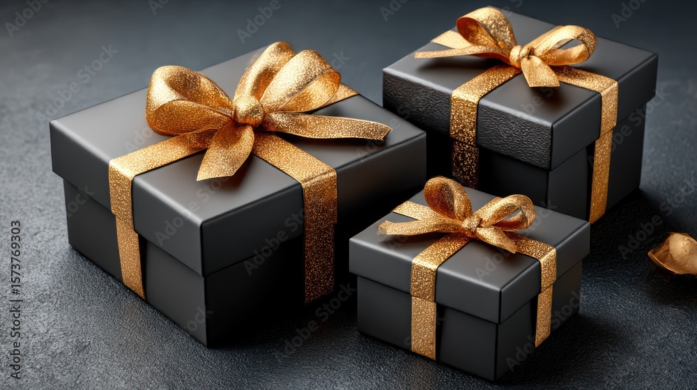 Obraz premium Dark gift boxes with gold ribbon