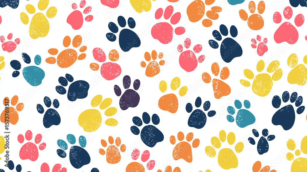 Fototapeta premium Seamless pattern of colorful cat paws in various playful poses, scattered randomly. 