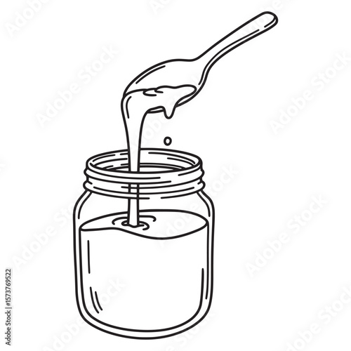 Honey pouring from a spoon into a glass jar with a hand drawn line art style