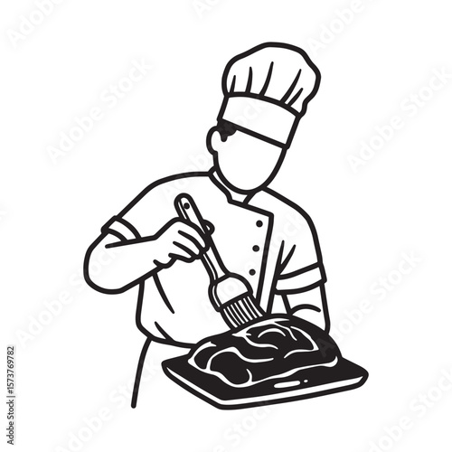Illustration of a chef applying sauce to food on a tray ready for baking