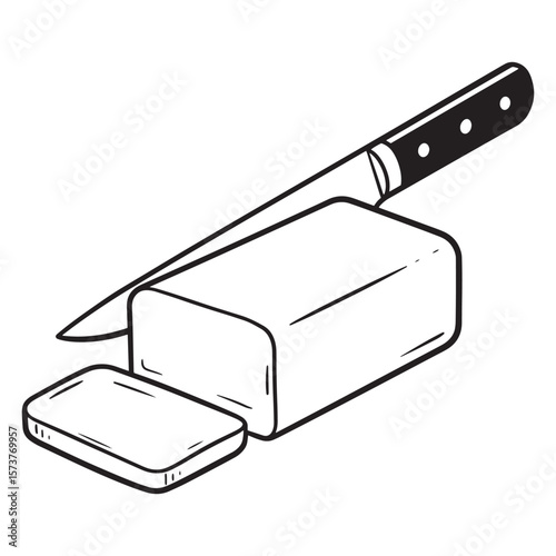 Illustration of a loaf of bread with knife and a slice on a white background