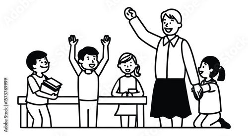 Teacher with students raising hands in classroom children