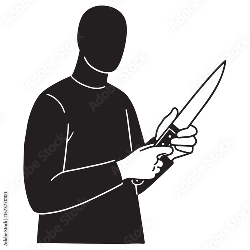 Silhouette of a person holding a sharp knife in a simple black and white style