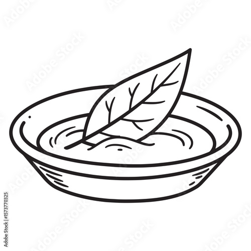 Simple black and white illustration of a bowl with liquid and a bay leaf.
