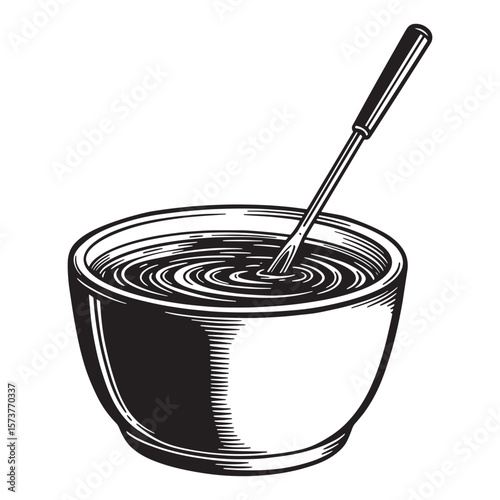 Simple black and white illustration of a bowl containing liquid with a stirring spoon