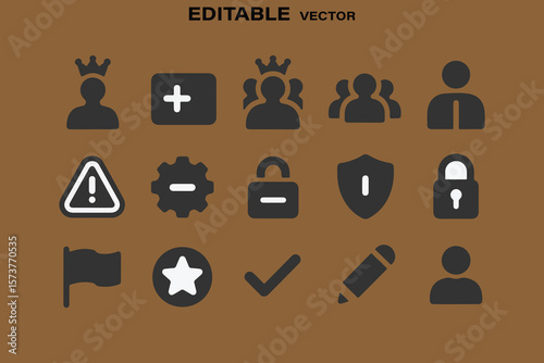 Collection of editable vector icons representing leadership security warning settings unlock lock shield flag star checkmark and pencil