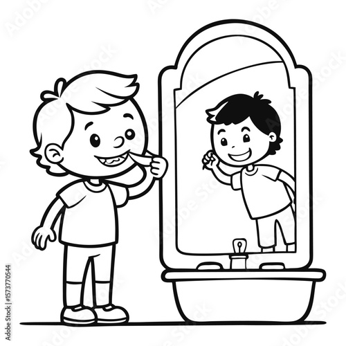 Boy brushing teeth in front of mirror child toothbrush