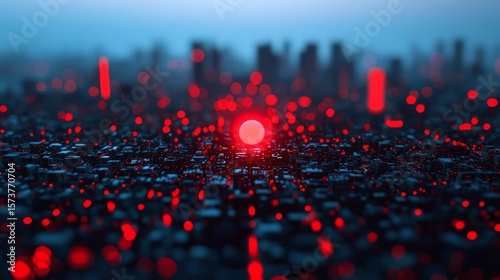 A futuristic landscape featuring glowing red elements against a dark cityscape, creating a vibrant, digital atmosphere.