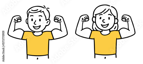 Strong Boy And Girl Showing Muscles in Yellow t-shirt. Gym, Flexing Muscles, Raised Arms, Strong Pose Doodle Line Art. Hand-Drawn Vector Illustration