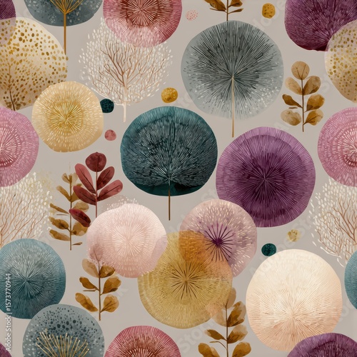Vibrant Abstract Forest Pattern with Bold Shapes and Soft Colors