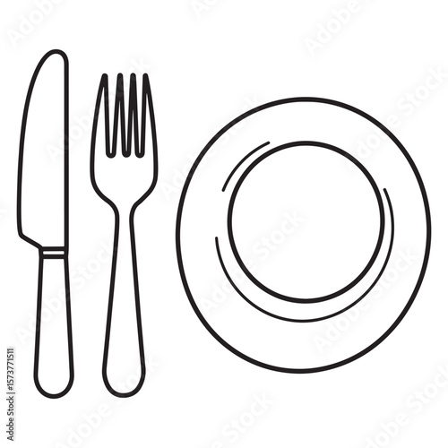 Simple black and white illustration of plate fork and knife for dining purposes.