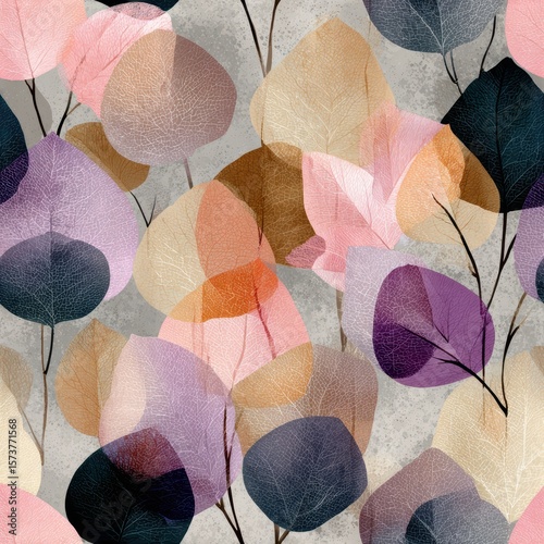 Colorful Leaf Patterns on Soft Gray Background for Design Projects