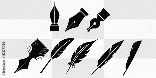 Vector feather and pen nip icons set