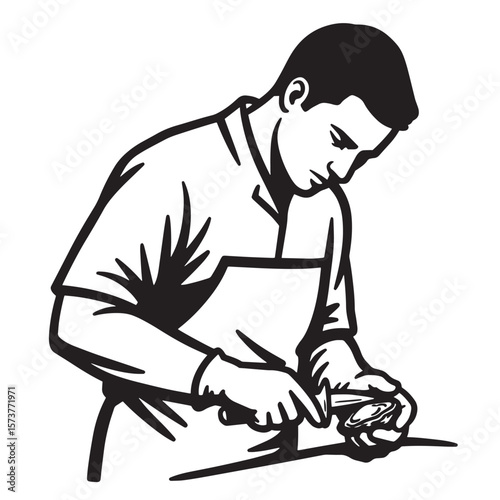 Skilled craftsman working on a project in retro black and white graphic illustration