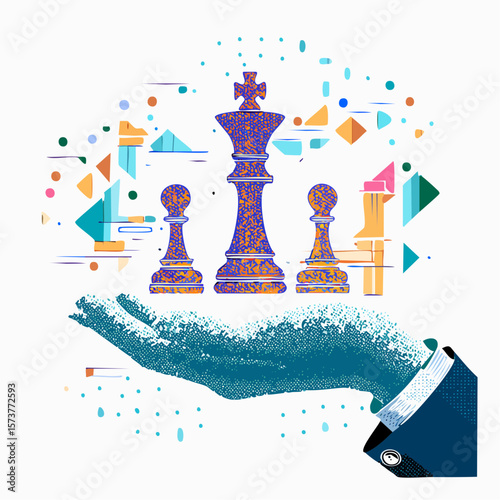 Trendy Halftone Collage Hand holds chess pieces. Abstract chessman. Game strategy. Strategic leader.