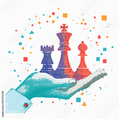 Trendy Halftone Collage Hand holds chess pieces. Abstract chessman. Game strategy. Strategic leader.
