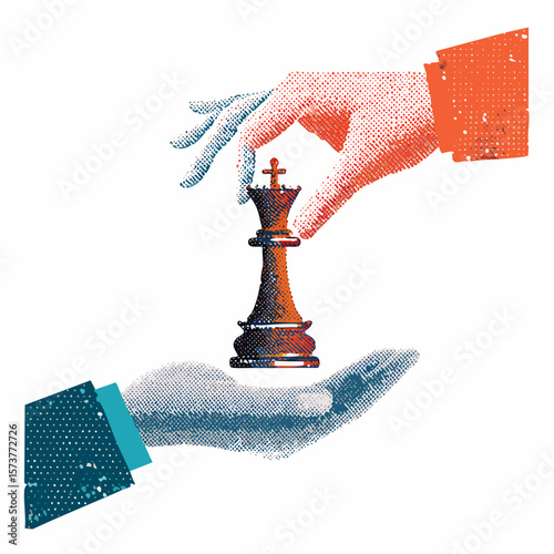 Trendy Halftone Collage Hand holds chess pieces. Abstract chessman. Game strategy. Strategic leader.