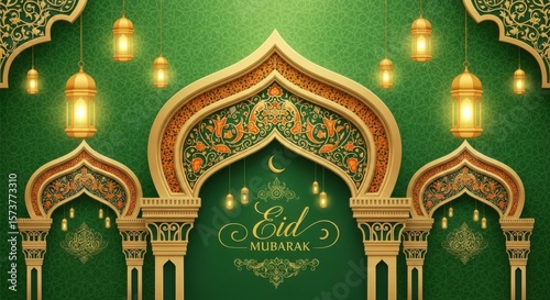 Beautiful Eid Mubarak celebration with intricate Islamic archways and glowing lanterns on a vibrant green background