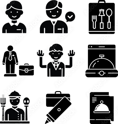 Collection of nine black glyph icons for hotel services and staff. Perfect for hotel websites, booking platforms, or hospitalityrelated designs.