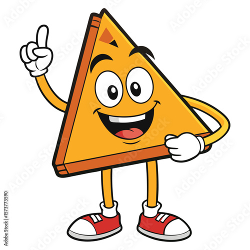 Cartoon orange triangle character with arms legs and shoes