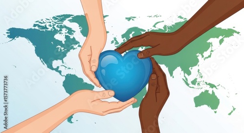 Diverse Hands Unite Around the World Holding a Blue Heart Symbolizing Global Unity and Compassion