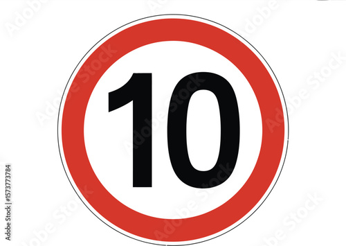 A white circular sign with a red border and the number ten in black in the center of the sign