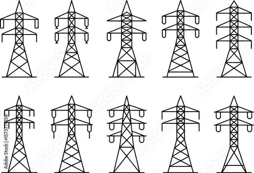 Ten black outline illustrations of electrical transmission towers arranged in two rows