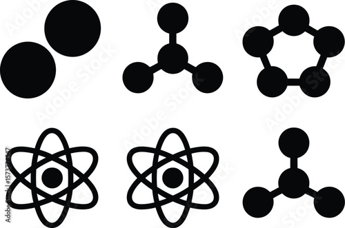 A collection of six black and white science and chemistry related icons on a white background