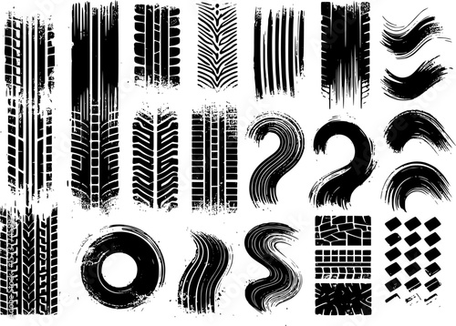 Tire tracks after skidding, launch, drift, powerslide in motorsport, rally, off-road, motocross. Wheel texture with splash effect. Vector, EPS 10 version.