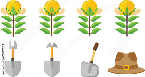A collection of six flat, stylized icons arranged in a two-column layout