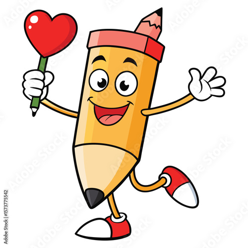 Cheerful yellow pencil character holding a red heart on a stick