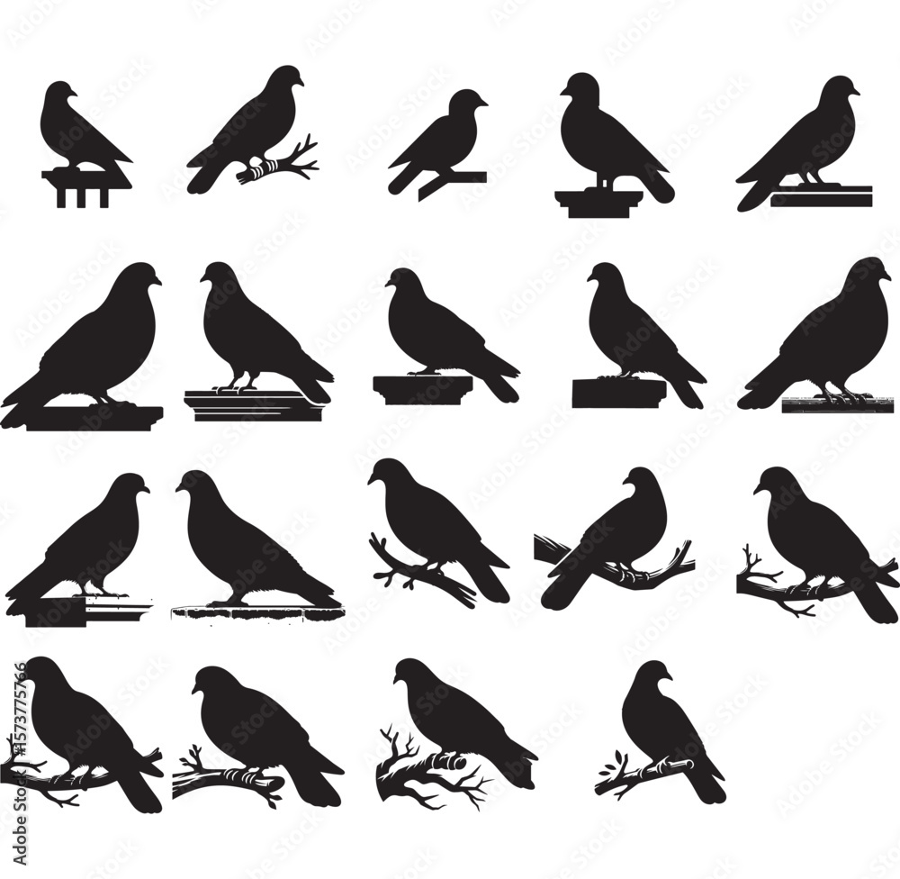 Naklejka premium Silhouette of a Pigeon on branch vector collection
