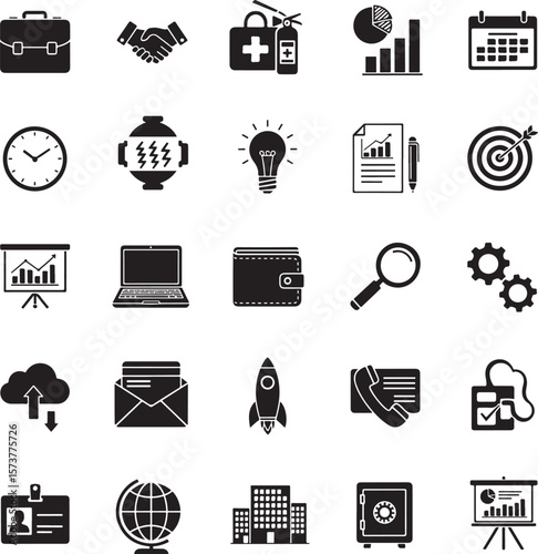 Business icons collection featuring briefcase handshake first aid fire extinguisher chart clock lightbulb document target laptop wallet magnifying glass gears cloud envelope rocket phone badge