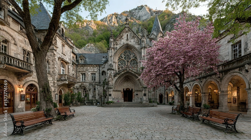 Obraz premium A cobblestone courtyard enclosed by ancient stone buildings and a blossoming tree.
