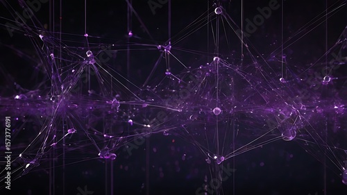 Abstract digital background with glowing purple particles, connected nodes, and polygon lines on a dark gradient. Futuristic and tech-inspired, perfect for modern design use.