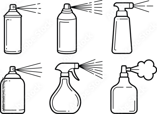 Illustration of various spray bottles and aerosol cans with dispensing spray patterns shown